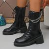 Мода Панк Стиль Цепь Декор Боевые Ботинки Женские Осень Зима Массивные Каблуки Ботинки до середины икры Женские Модные На молнии Искусственная Кожа Ботас Мухер