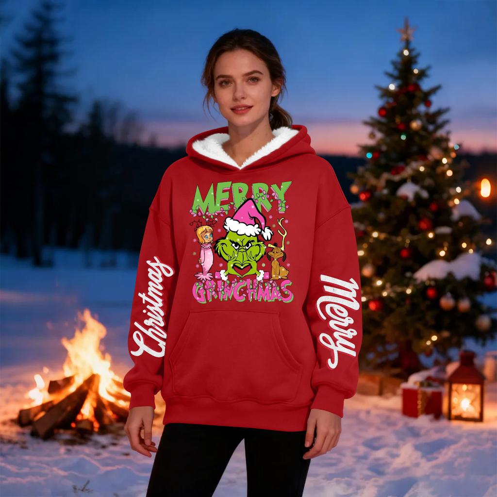 Women's Casual Fashion Plus Velvet Thickened Christmas Print Hooded Sweatshirt