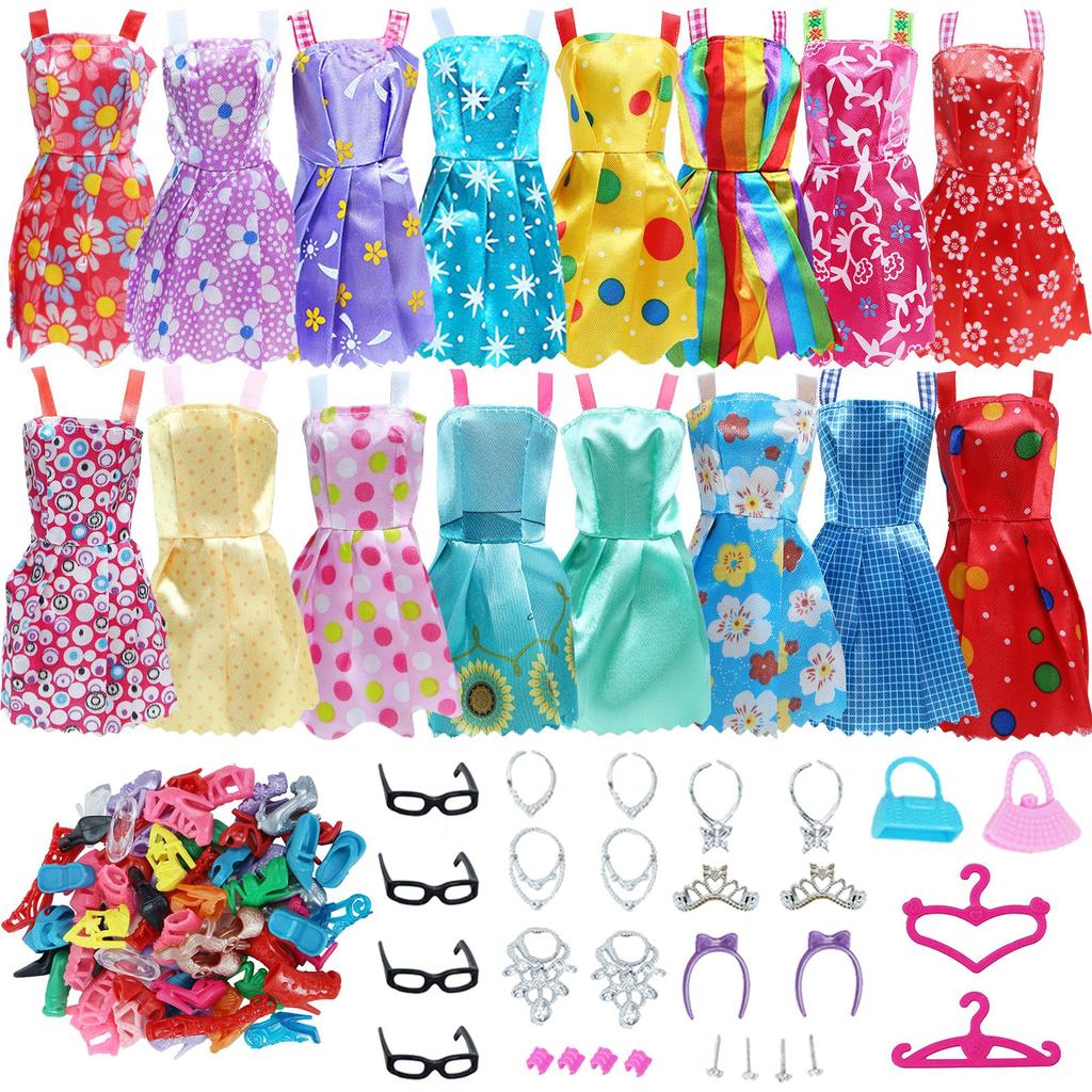 42 Item/Set Doll Accessories= Mix 8 Mini Dress + 10 Sandals Shoes + Lot 24 Pcs Accessories Playset Clothes for Barbie Doll