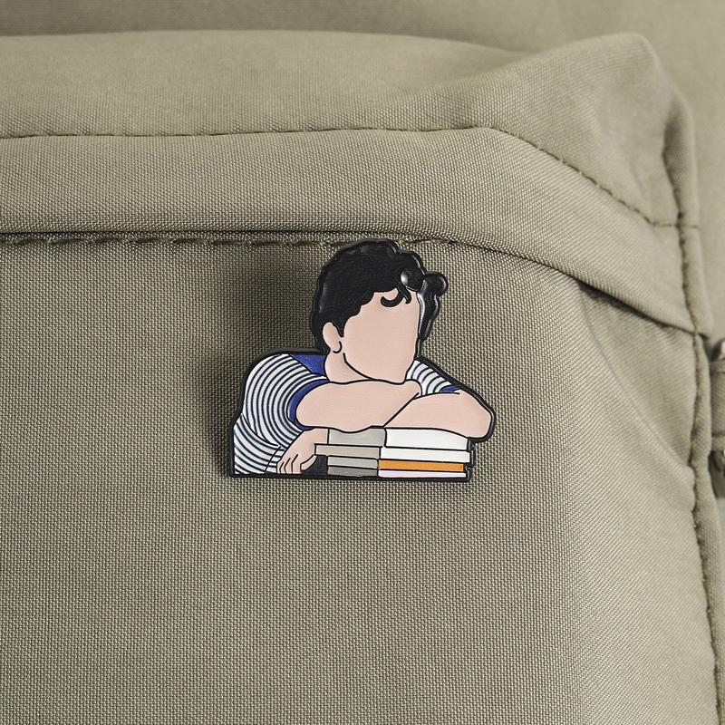 Retro Cartoon Artistic Figure Resting On Books Enamel Pin Intellectual Lapel Badge Elegant Gift For Book Lovers Brooch