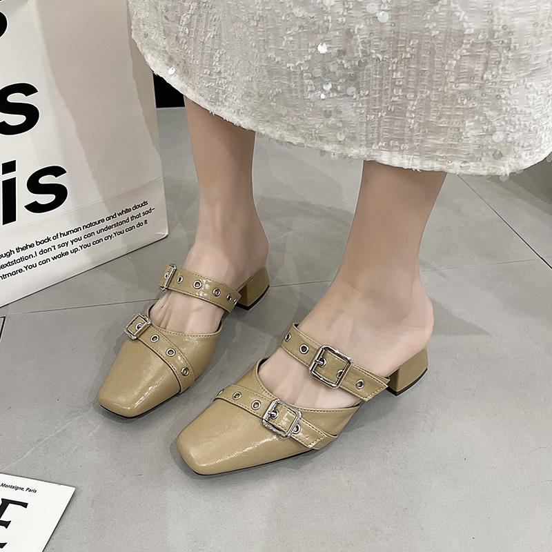 Women's Baotou Slippers Spring New Style Square Head Shallow Mouth Rivet Metal Buckle Non-slip Sandals