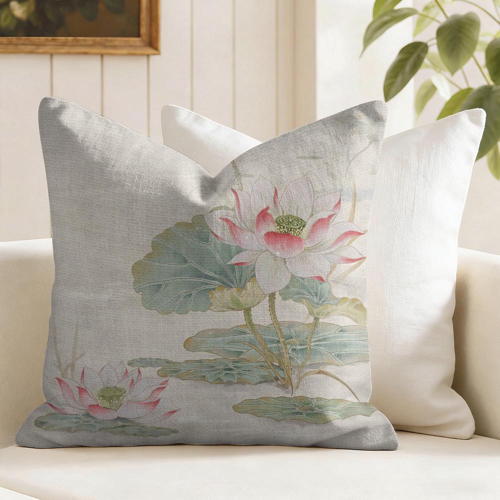 Beauty Lotus Cushion Cover Natural Linen Pillow Cover DoubleSided Print Cushion Cover for Sofa Home Decor
