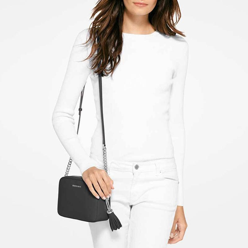 MICHAEL KORS Ginny Letter Logo Solid Color Commuting Tassel Leather Camera Bag Shoulder Crossbody Bag Medium Women's Black