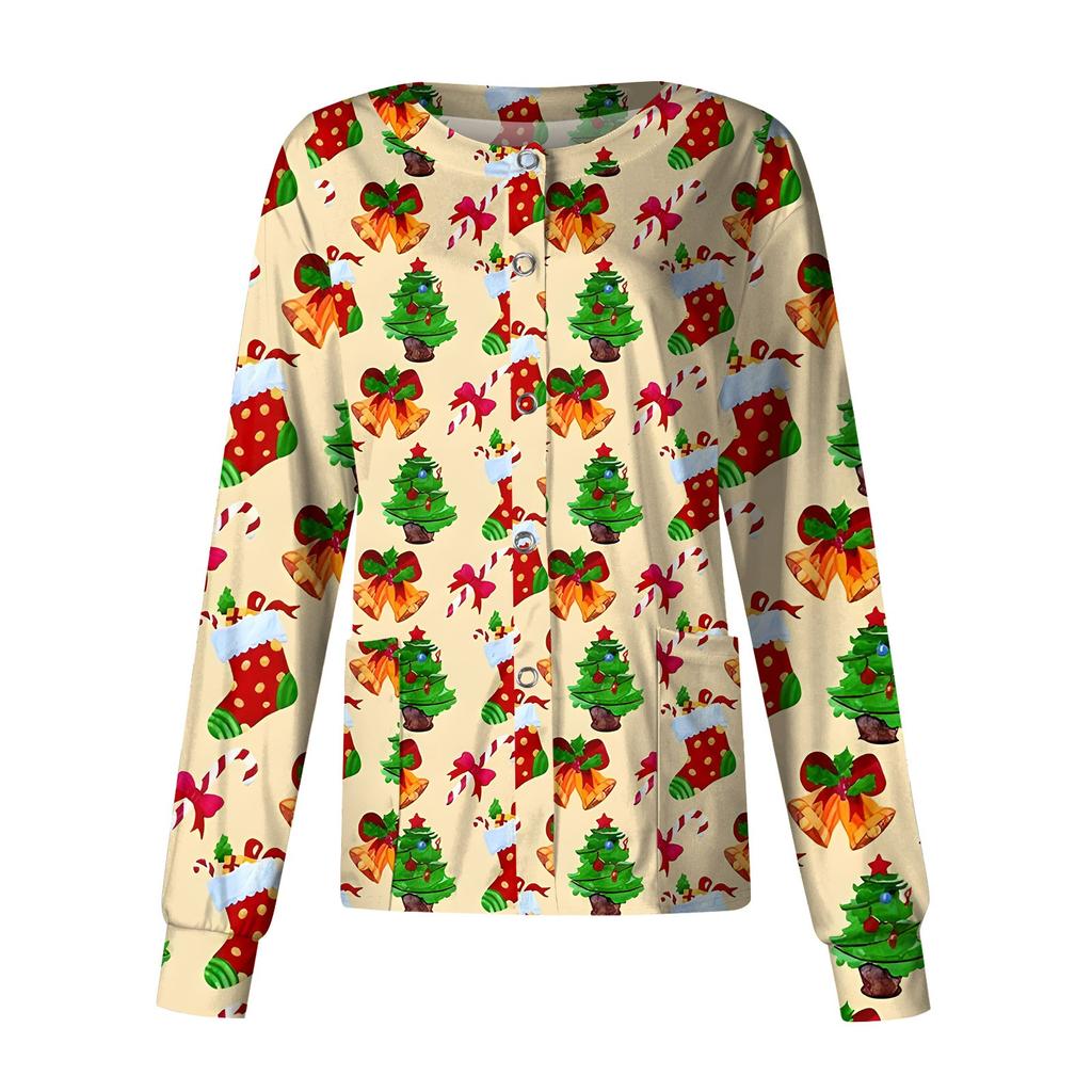 Женская повседневная модная однобортная куртка с длинным рукавом и стоячими лацканами с рождественским принтом, защитная рабочая куртка