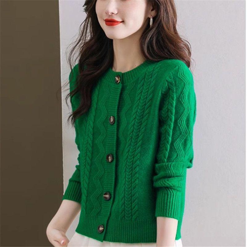 Round Neck Wool Cardigan Coat Women's Fried Dough Twists Temperament Knitwear Sweater Short Autumn and Winter