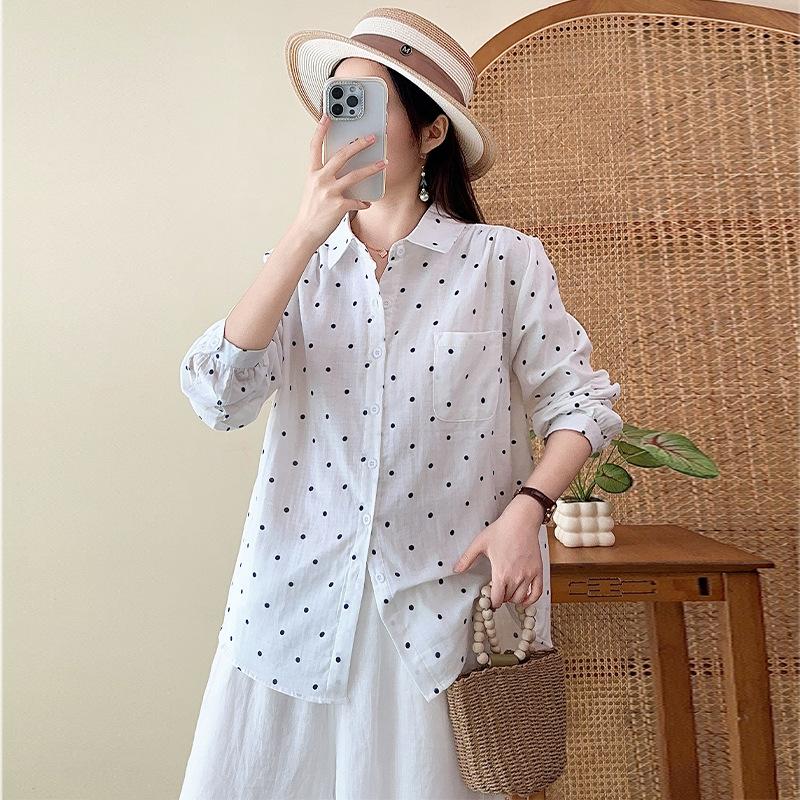 New cotton double-layer cotton yarn printed polka dot shirt women's Korean lazy loose simple design long-sleeved shirt