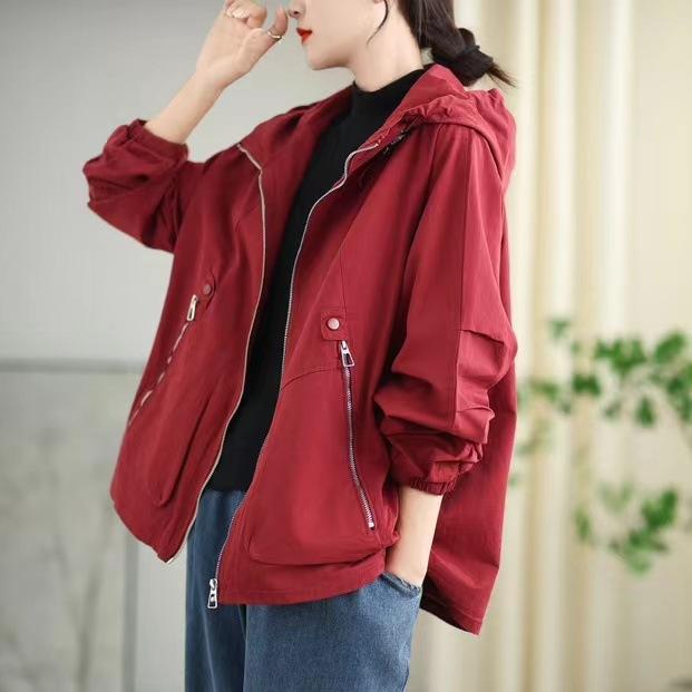 Johnature Woman Autumn Vintage Loose Casual Personality Coat Zipper Solid Color Long Sleeves Hooded Coat
