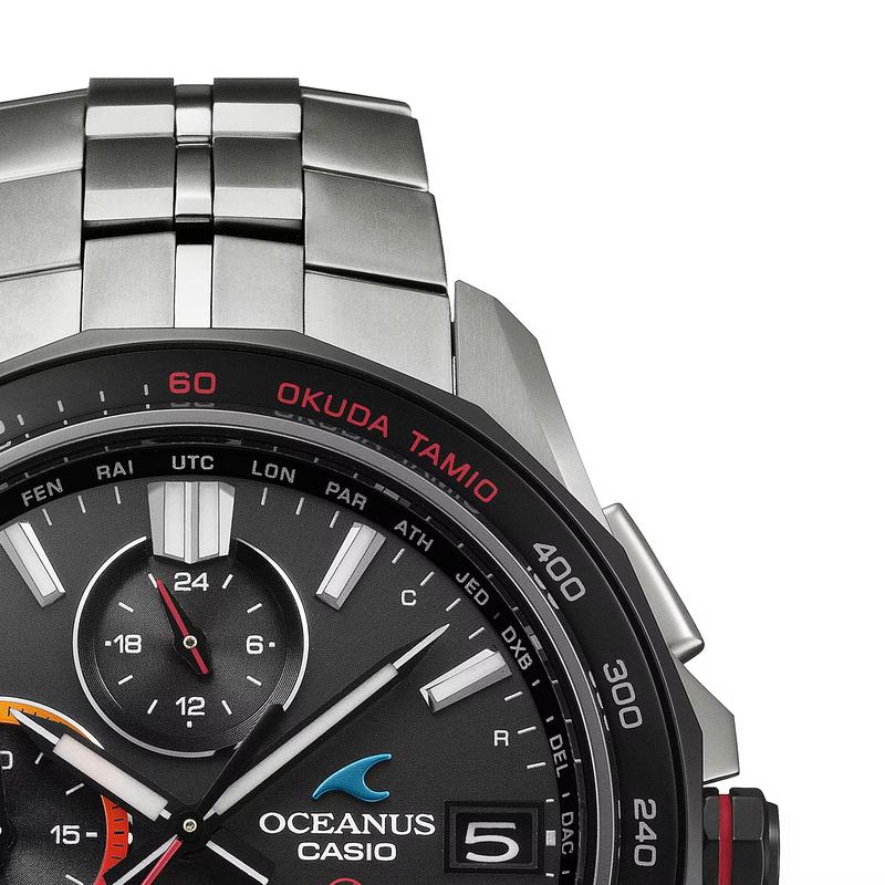 Casio Серия OCEANUS-дисковые трехстрелочные Manta серия S7000 водонепроницаемость 100 метров солнечный кварц титановый ремешок мужские часы черный циферблат OCW-S7000TS-1AJR