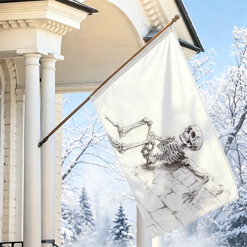 2D Flat, 1pc 2D Flat Decorative Flag, Sketch-Style Skeleton Skull Single-Sided Printed Flag, Vintage Art Tapestry, Wall Hanging Decoration, Home Atmos
