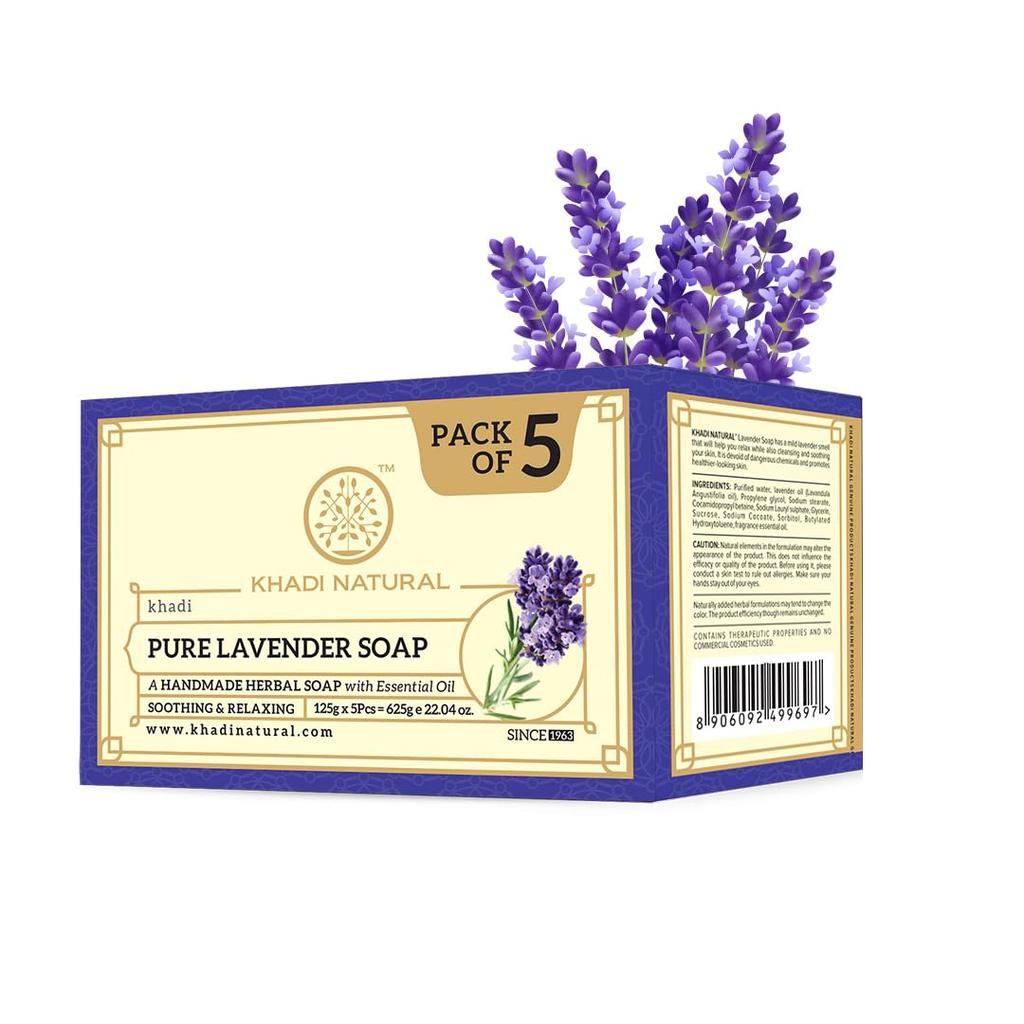 KHADI NATURAL Аюрведическое мыло ручной работы для ванны, 1 шт. (125 г x 5 шт.) | Увлажняющее лавандовое мыло для всех типов кожи