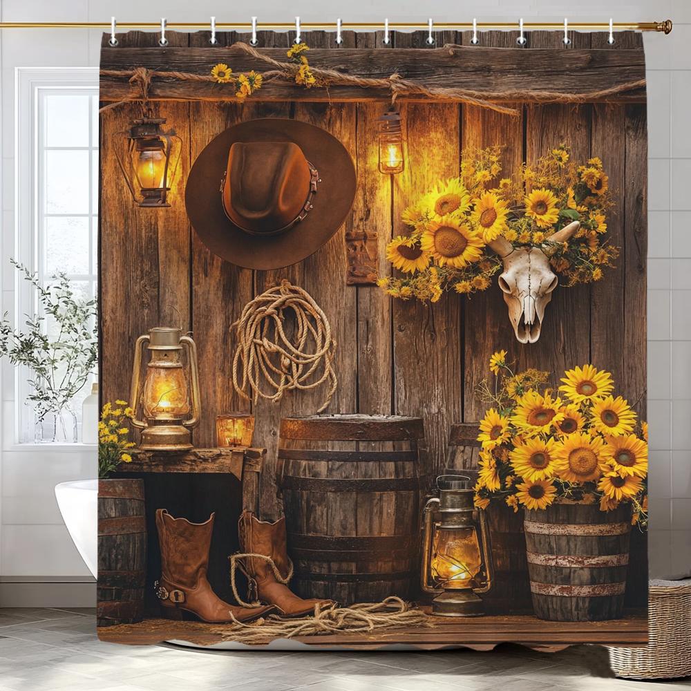 Rustic Farmhouse Garden Cowboy Theme Shower Curtain, Bathroom Decor Shower Curtain, Plants And Flowers Shower Curtain With Hooks