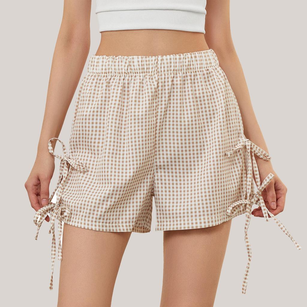 Women's Loose Casual High Waisted Bow Elastic Waisted Checkered Shorts Casual Shortss