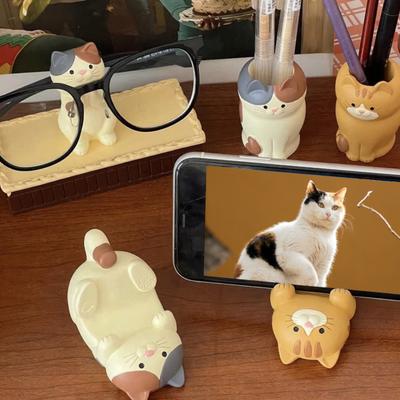 Полимерная фигурка кошки, подставка для телефона, милый держатель для очков в форме кошки, подарки с животными для любителей кошек, декор для дома и офиса