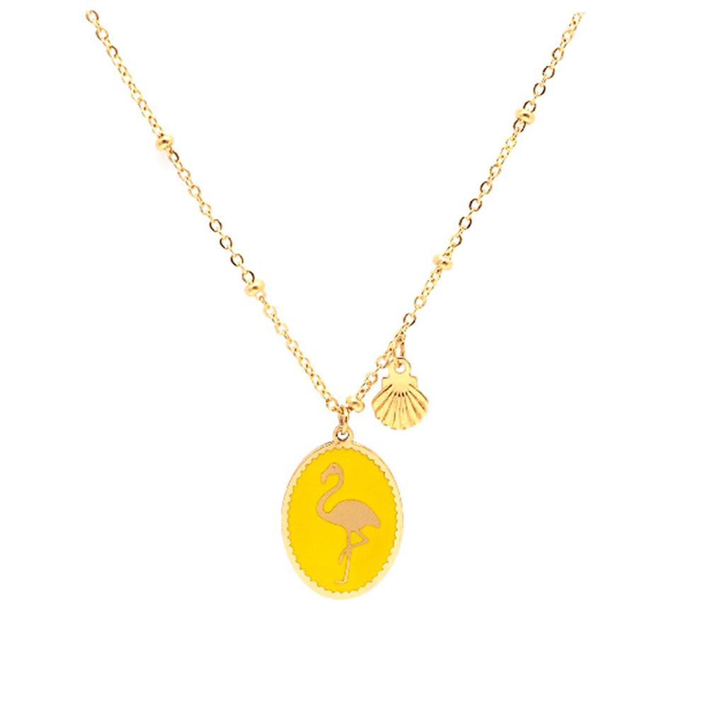 Les Trésors De Lily [Q2511] - Golden Yellow 'Pink Flamingo' Steel Designer Necklace - 16x12 Mm