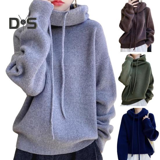 Женский свитер с ворсовым воротником, капюшоном и завязками, длинный рукав, трикотажные топы, однотонный повседневный свободный трикотаж