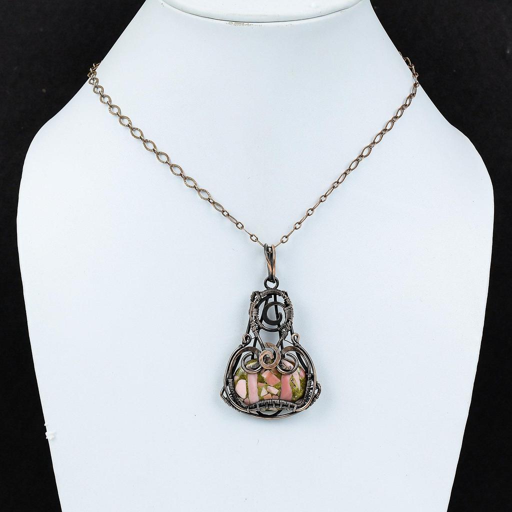 Медный розовый опаловый кулон, обернутый медной проволокой, драгоценный камень, кулон, розовое опаловое ювелирное изделие, кулон ручной работы, обернутый медной проволокой, ювелирное изделие, подарок для матери