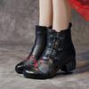 Johnature Ethnic Style Winter Warm Short Boots Genuine Leather Thick Heel Soft Sole Retro Printed Women's Shoes