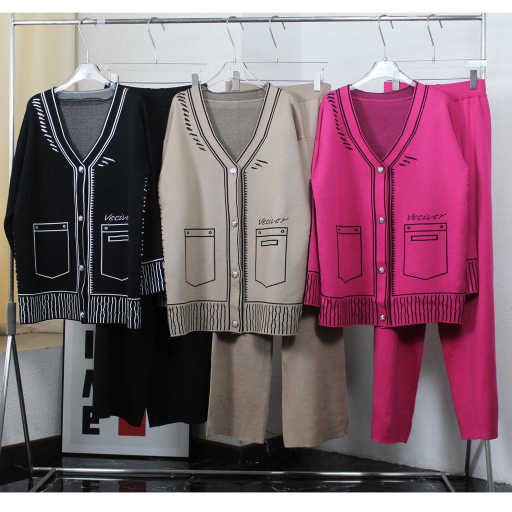 Женский осенне-зимний комплект из двух предметов, трикотажные брюки с принтом, женская уличная одежда, кардиган с длинными рукавами и v-образным вырезом + широкие брюки