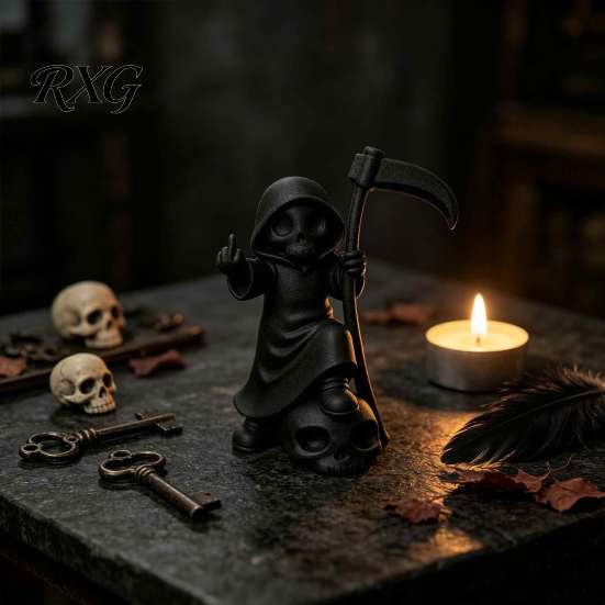 Cool Secret Room Props 3D Printed Cute Grim Reaper Figurine, Skeleton Little Statue with Handcrafted Gothic Collectibles Scythe & Skull Base,
