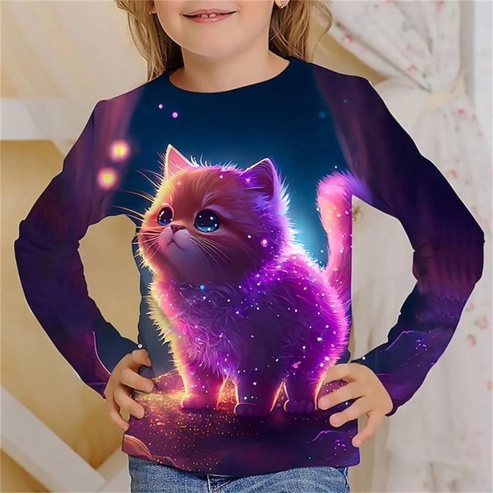 Children's T-Shirt Kawaii Full Sleeves T-Shirts for Girl Tiger Cat Cute Tees Clothes 2023 Autumn Kid Top O-Neck Outdoor Clothing