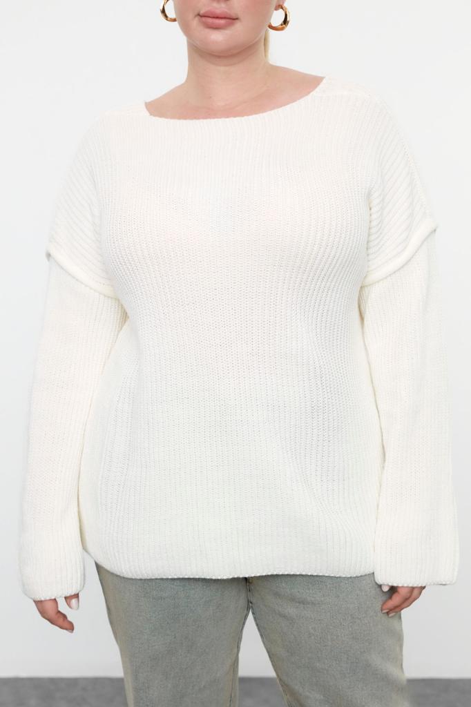 Женский модный стильный свитер больших размеров, красный вязаный свитер с вырезом лодочкой и детальной строчкой