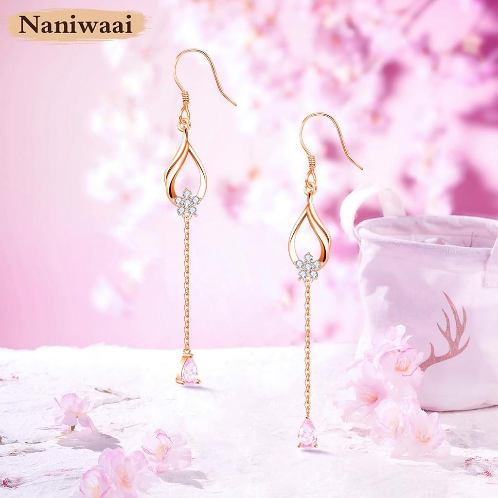 Naniwaai Популярный камень месяца рождения Подвеска Цветок вишни Гипоаллергенный Длинный Цветок Ювелирные изделия Женские серьги, Октябрь, Серьги, Крючок, Серьги, Серьги, Серебро,