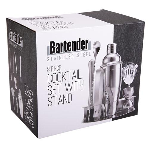 Коктейльный набор из 8 предметов для бармена из нержавеющей стали с подставкой
