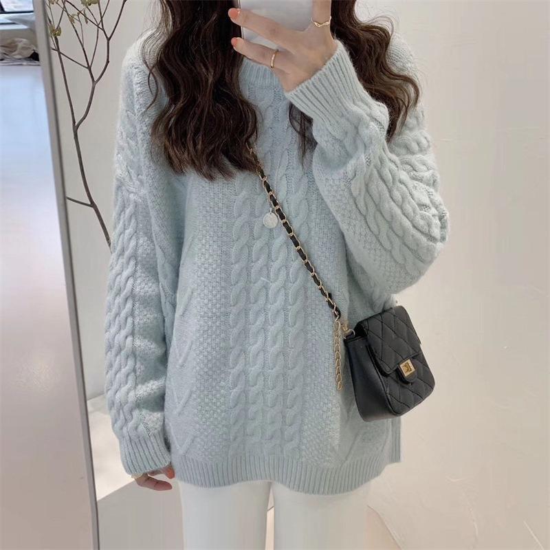 Crew Neck Retro Twist Solid Color Pullover Sweater Women's Autumn and Winter New Wool Bottoming Knitted Sweater