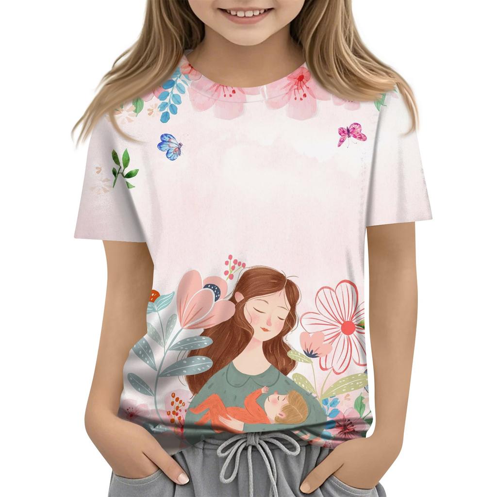 Children's Fashion Casual Short Sleeve Mother's Day Printed Round Neck T-Shirt Top