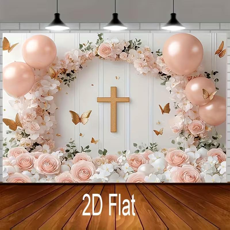 2D Pink Floral Cross Backdrop, First Communion Girl Party Photo Background