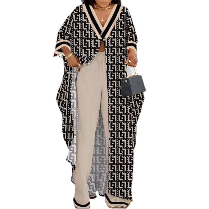 Женский свободный халат большого размера с рукавом три четверти, V-образным вырезом, принтом на пуговицах, брюками на завязках, комплект из двух предметов