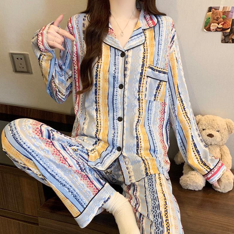 Light luxury pure desire leopard print pajamas women's spring and autumn new high-quality wrinkled cloth loungewear long-sleeved set real shot