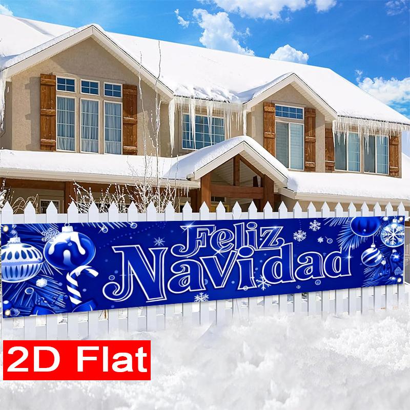 Spanish White Merry Christmas Christmas Yard Banner, Polyester Outdoor Fence Decor Garden Sign