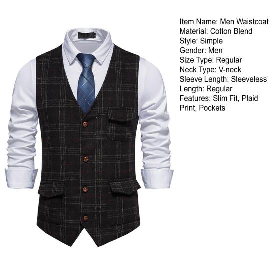 Ретро мужской деловой жилет без рукавов с карманами, однобортный приталенный жилет, пальто в клетку с принтом, рабочий жилет