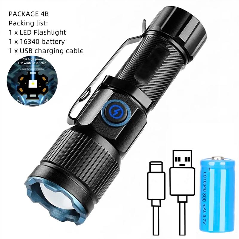 Zoom Белый луч света дальнего действия Мини-фонарик Type-C Usb перезаряжаемый портативный карманный фонарик для дома и улицы 16340 батарея