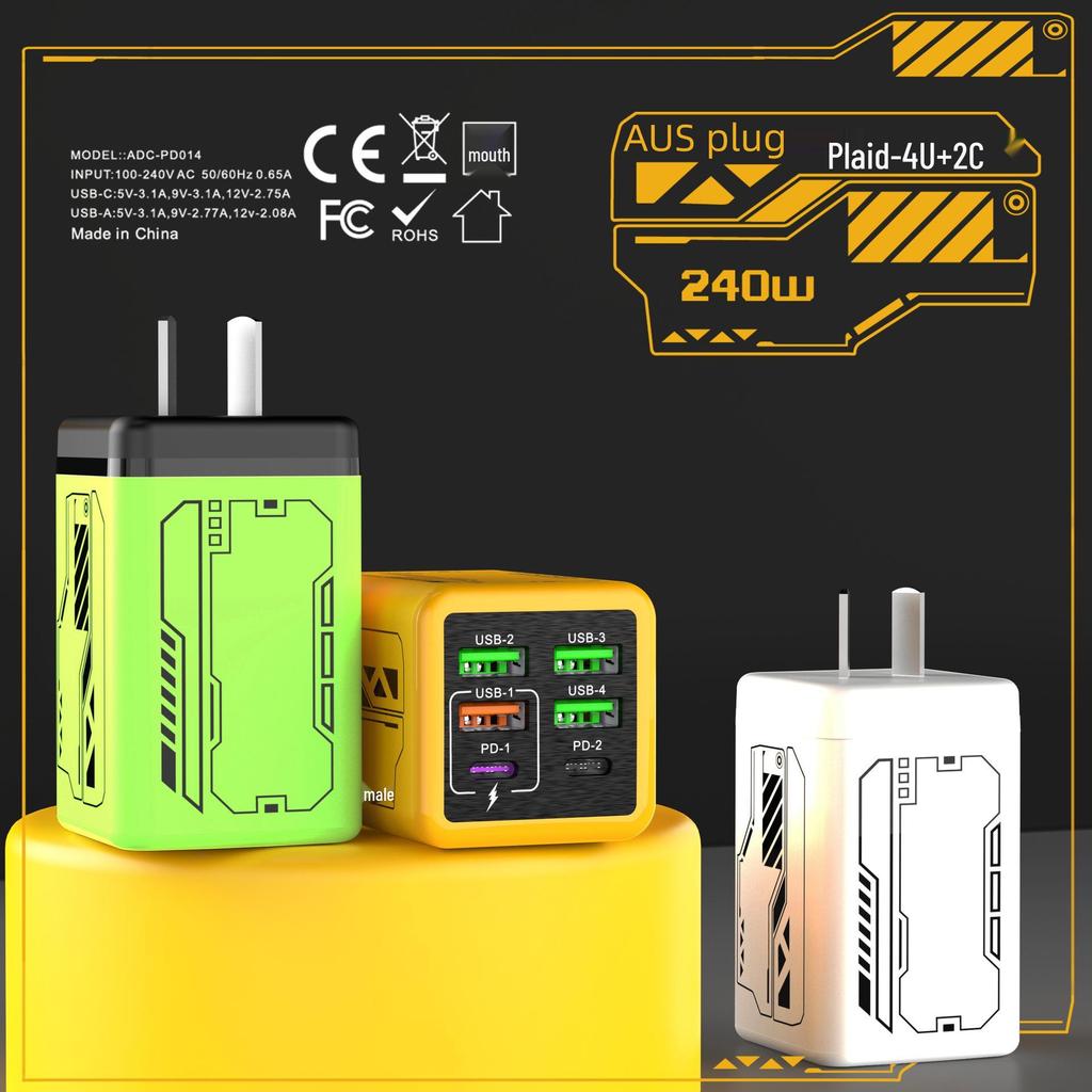Быстрое зарядное устройство PD240W в стиле меха: 4 порта USB и 2 порта Type-C, Совместимость с устройствами Apple и Huawei