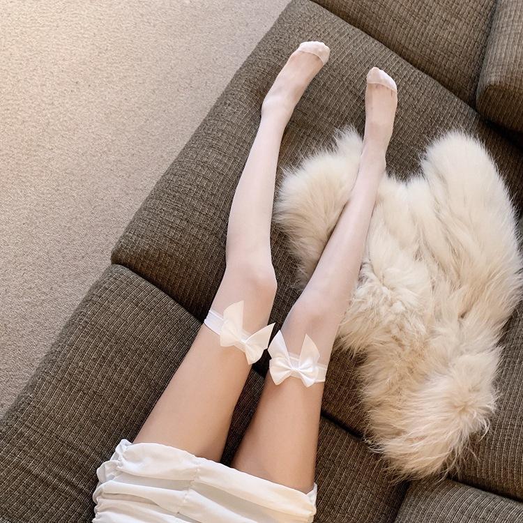 Колготки до колена, черно-белые, красные, с манжетами, в рубчик, с бантом, высокие носки, прозрачные шелковые чулки