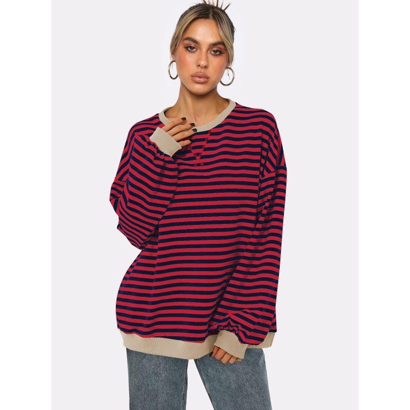 Женская толстовка с круглым вырезом в полоску, свободный топ с рукавами-фонариками