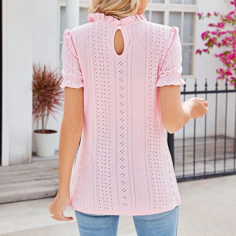 2024 весна лето женская кружевная блузка с коротким рукавом повседневная рубашка с воротником-стойкой свободные плиссированные футболки элегантные топы с вырезами 30561