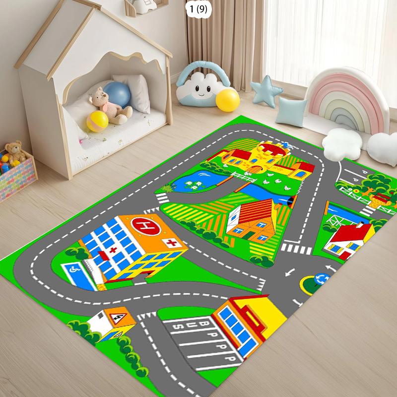 Car Race Track Pattern Non-Slip Area Rug Soft Educational Floor Mat for Bedroom Playroom Traffic Learning Carpet Home Decor Mat