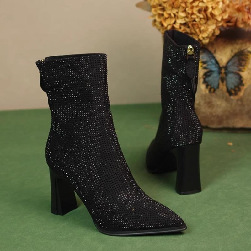 Женские ботильоны на высоком каблуке с кристаллами, роскошные туфли с острым носком, новинка зимнего тренда, элегантные туфли для вечеринок, модные туфли Chelsea Botas Mujer