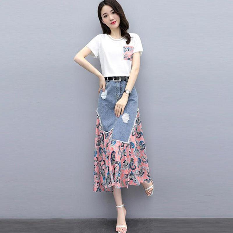 Floral Skirts Womens Medieval Pleated Long Goth Skirt A-LINE Irregular Denim Spliced Chiffon Jean Beach Maxi Skirt Y2k Summer