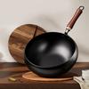 Forged Iron Wok with Wooden Lid Nonstick Skillet Pot Even Heating Fry Pan for Gas Stove Induction Cooker Ergonomic Handle Cooking Pot