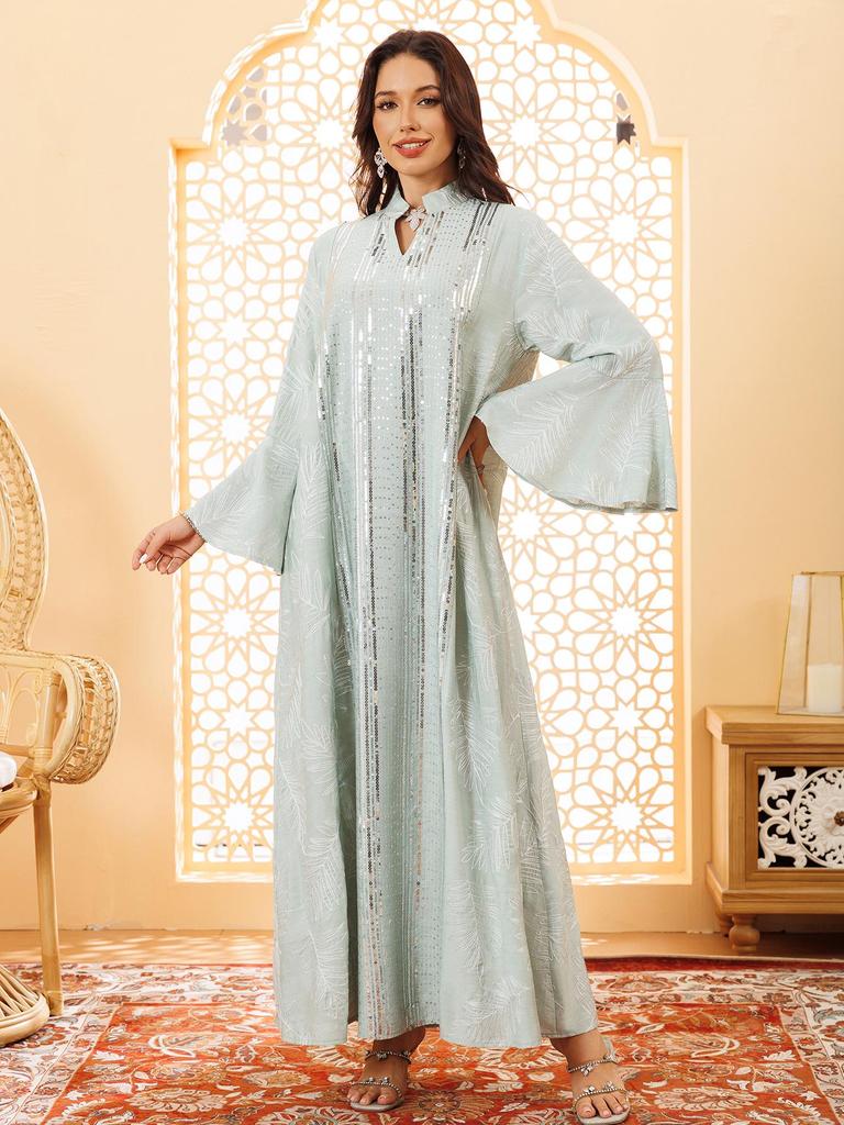 Elegant Sequin Embroidered Muslim Women's Robe - Middle Eastern Style Long Dress