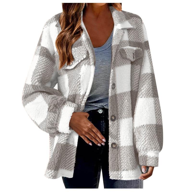 Autumn and Winter Women's Pocket Plaid Fleece Jacket Button Plush Coat
