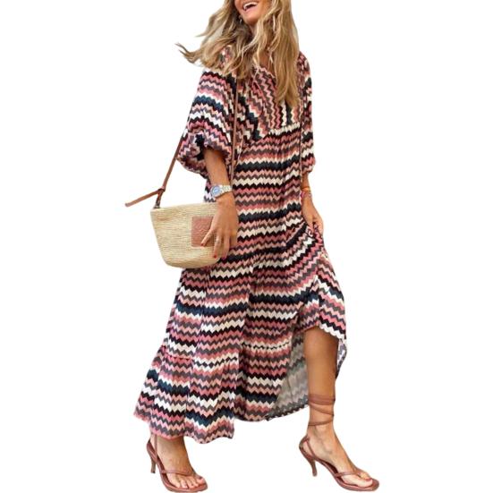 Женское платье в стиле бохо с V-образным вырезом, рукавами-фонариками, А-силуэтом, с плиссировкой и принтом, длиной до середины голени, пляжное платье для отдыха