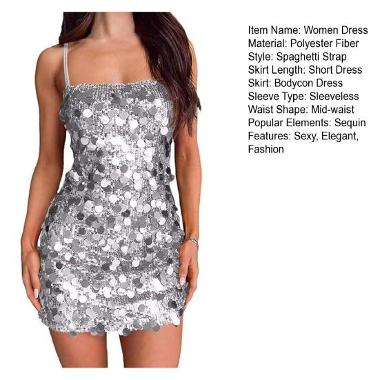 Сексуальное облегающее мини-платье с пайетками для женщин, блестящее вечернее платье на тонких бретельках, без рукавов, с открытой спиной, блестящее клубное вечернее платье