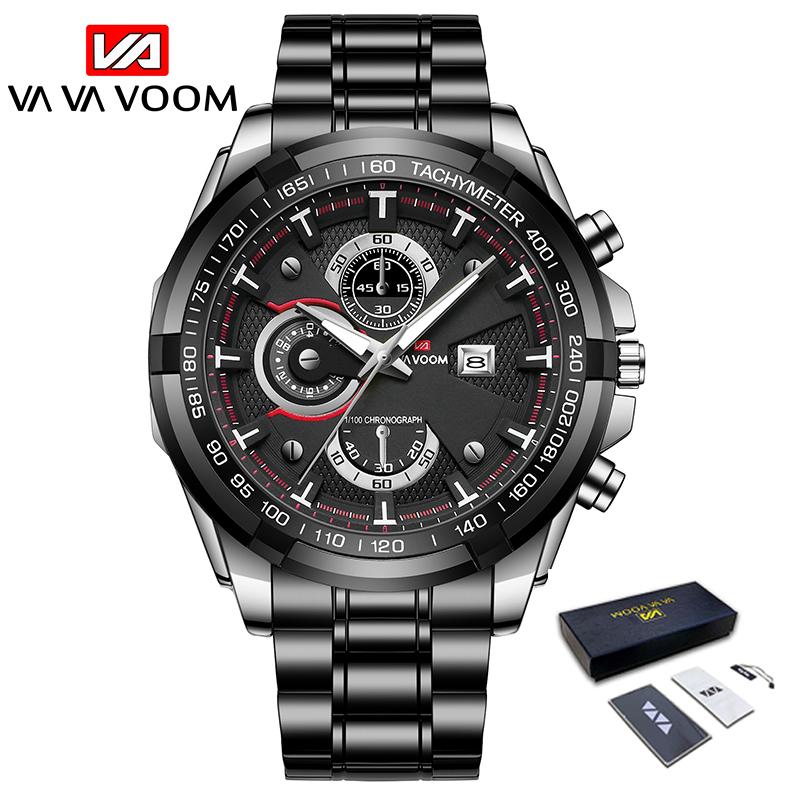 VA VA VOOM Fashion Brand Men Quartz Watch Chronograph Stainless Steel Business Quartz Clock Military Sport Waterproof Watch Man Relogio Masculino
