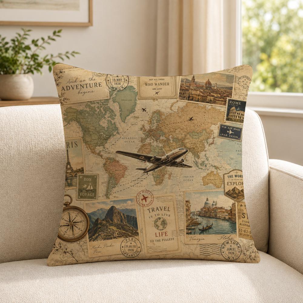 art vintage travel map collage Cushion Cover Soft Short Plush SkinFriendly Cushion Case for MultiScene Use