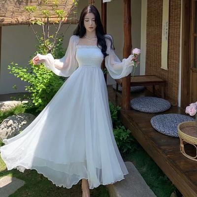 Однотонный воротник, талия с длинными рукавами, платье-топ, юбка феи, пляжное платье Super Fairy Seaside Vacation